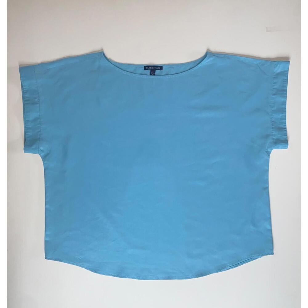 Eileen Fisher Shirt Womens Medium Blue Lyocell Polyester Boxy Top Short Sleeve